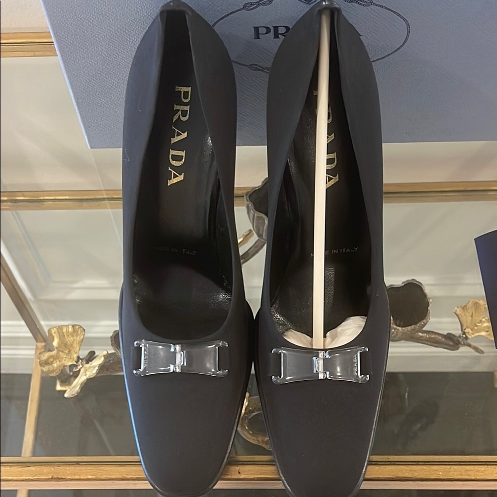 Prada Black Poplin High Heel Pumps with Block Heel - Picture 4 of 14